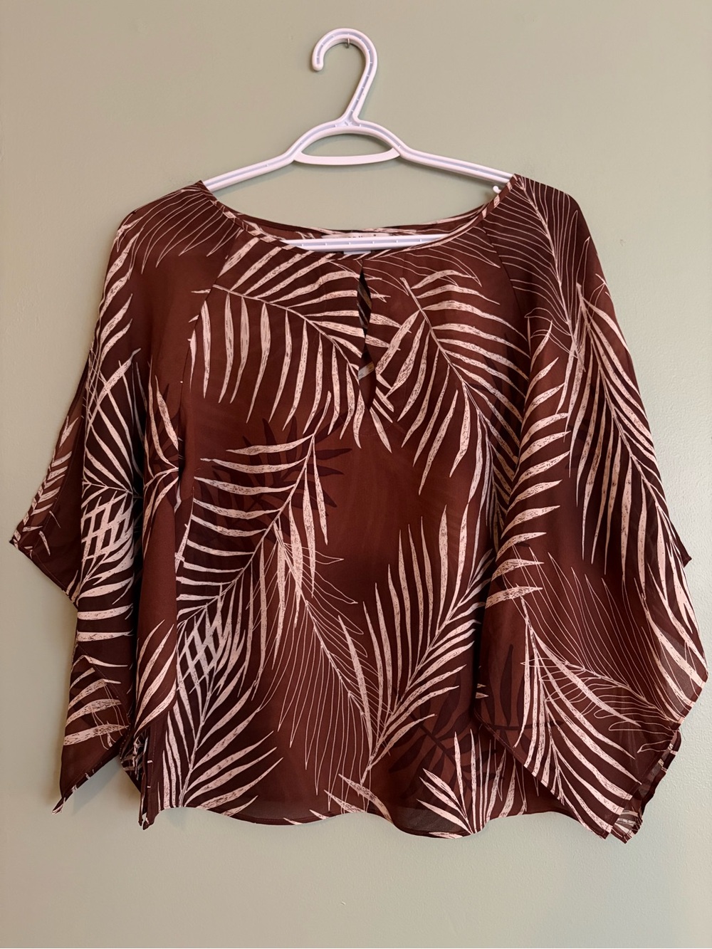 Bianca Nygard Silk Blouse 10 Sheer Quiet Luxury Boho Palm Batwing Slit Petite